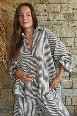 Sundaze Cheesecloth Chalk Stripe Boyfriend Shirt Mocha & White